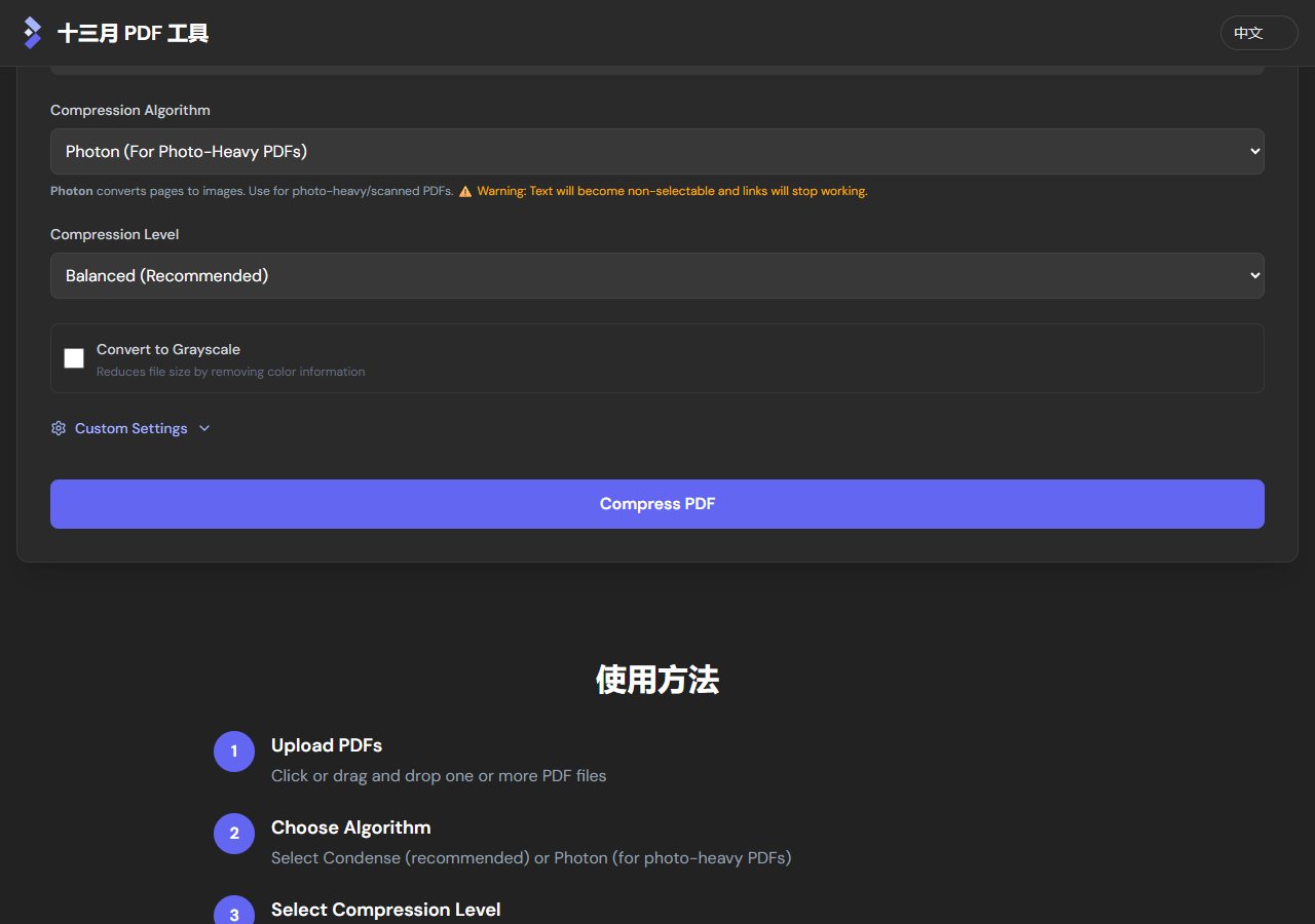 PDF 压缩工具选择 Photon 算法与 Balanced 等级，界面显示页面将转为图片的提示